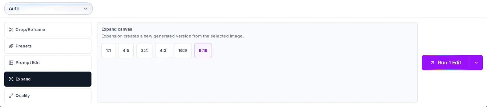 The Expand tab with Expand canvas open and the 9:16 ratio chosen