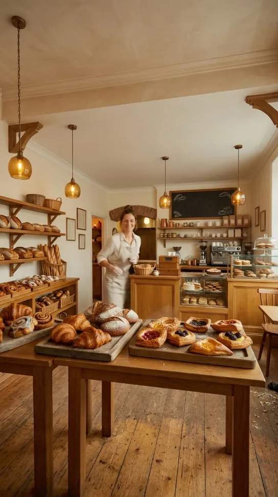 The bakery photo expanded to 9:16, with a new ceiling above and a wooden table and floor below the original scene