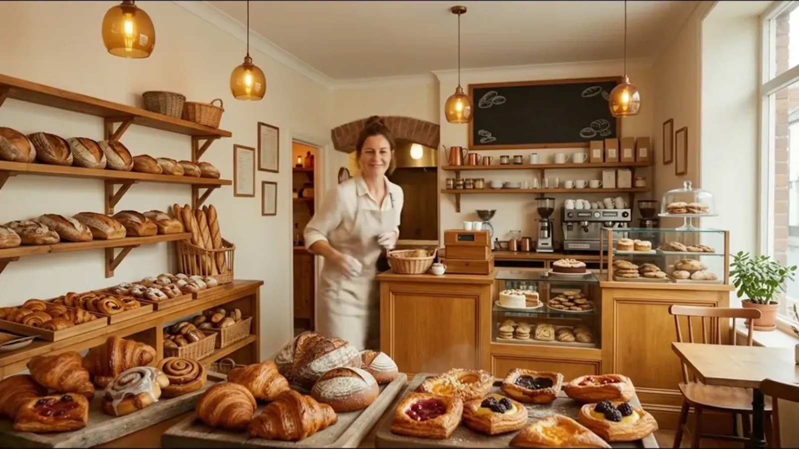 A wide 16:9 photo of a bakery interior with a baker behind the counter