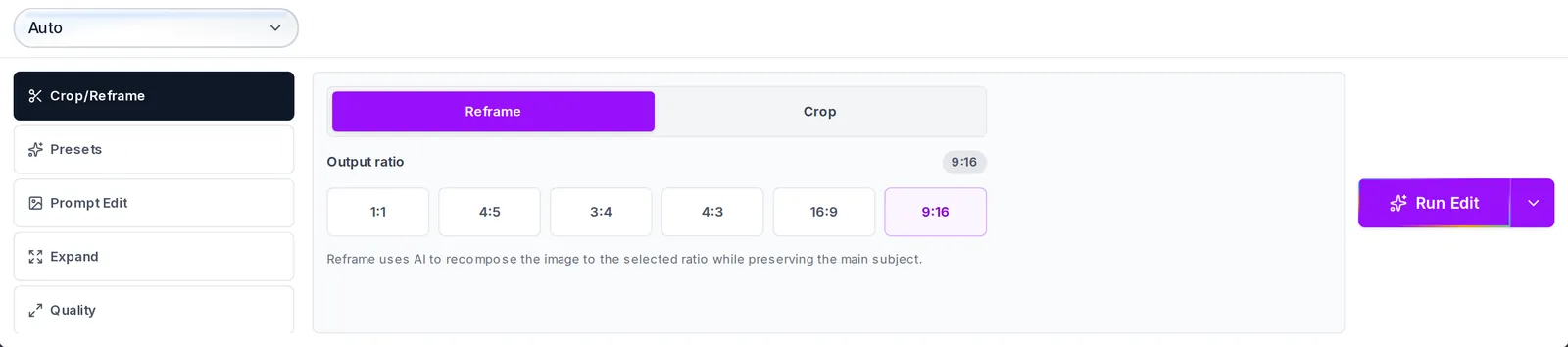 The Crop/Reframe tab with Reframe selected, the 9:16 output ratio chosen and the Run Edit button