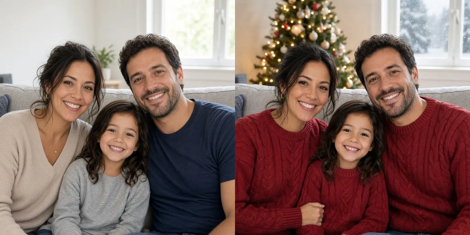 Before and after: the family on a grey sofa in a plain room, and the same family in red sweaters with a lit Christmas tree and snow outside the window