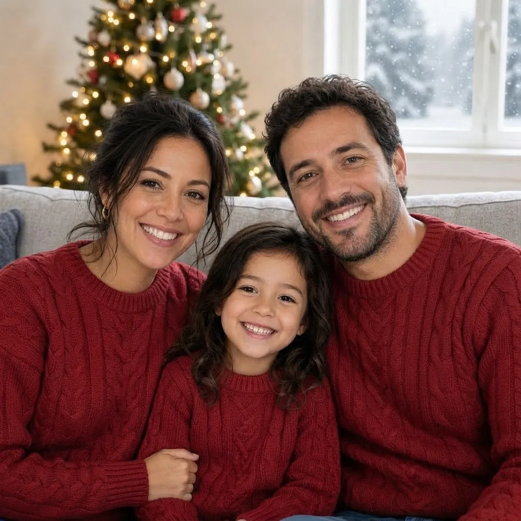 The family on the sofa in red cable-knit sweaters with a lit Christmas tree behind them and snow falling outside the window