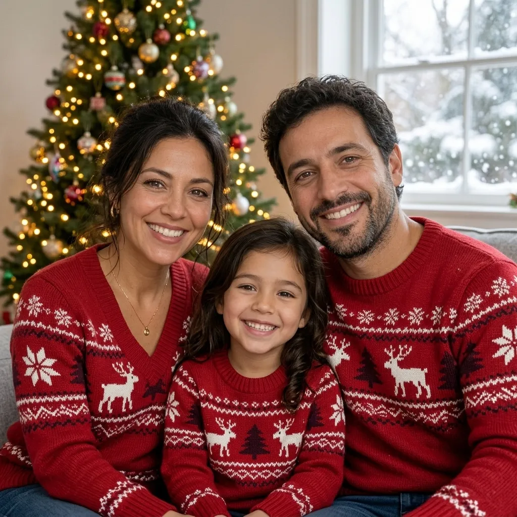 The same family in red Fair Isle sweaters with reindeer and snowflake patterns, a more heavily decorated tree behind them and snowy trees outside