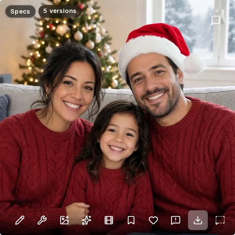 The finished Christmas photo in the gallery with the Download button highlighted and a 5 versions badge