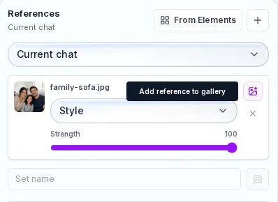 The References panel with the uploaded photo and the Add reference to gallery button highlighted
