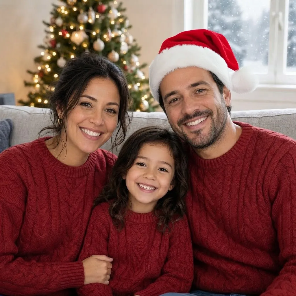 The family photo with the father now wearing a red Santa hat, everything else unchanged