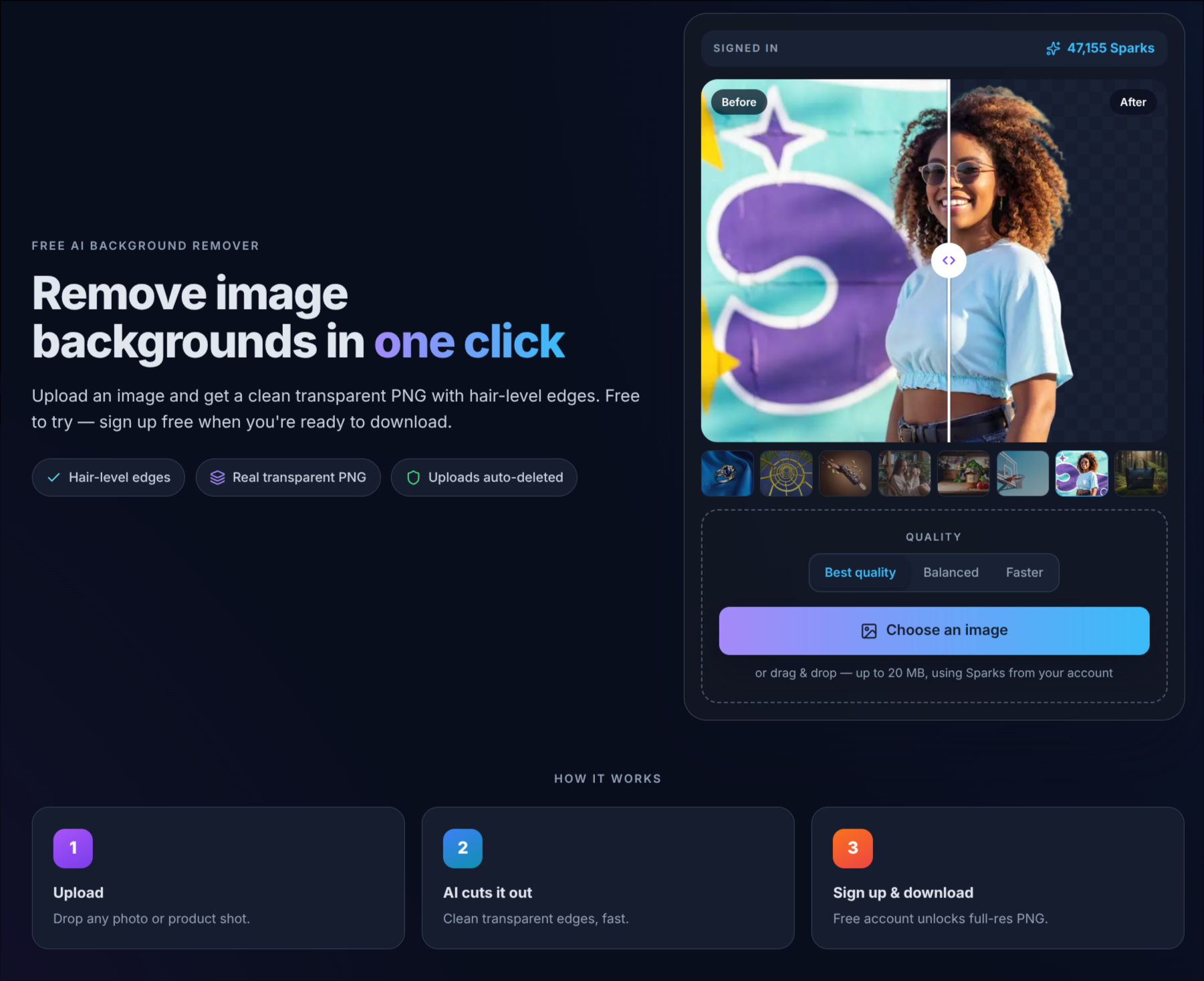 The Before and After comparison on a portrait of a woman with curly hair: the left half shows a painted mural behind her, the right half shows her cut out over a checkerboard
