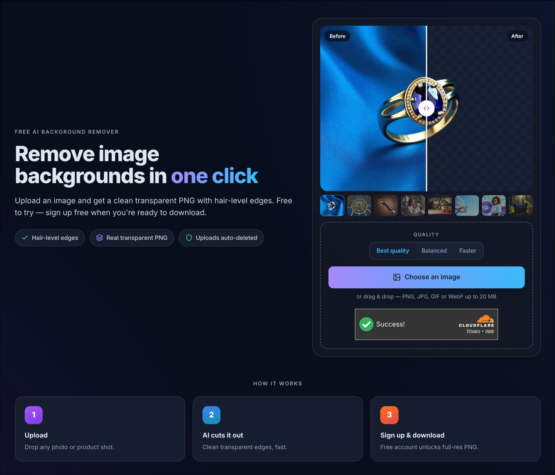The SmileToAI background remover page, showing a ring with half its blue background removed, a row of example thumbnails, the Quality options Best quality, Balanced and Faster, and the Choose an image button
