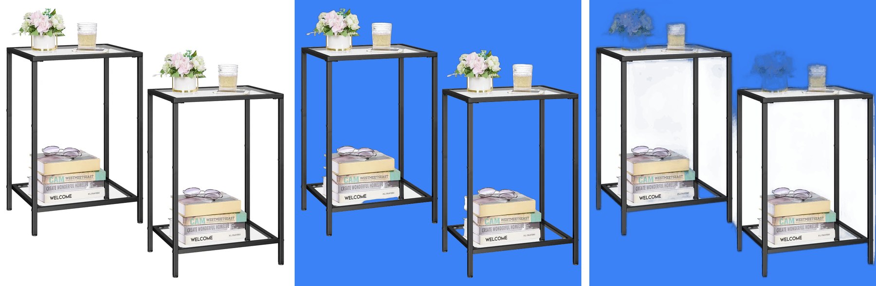 Three versions of a product photo of two black side tables with glass shelves, flowers, a glass and books: the original on white, the Best quality cutout on blue, and the Faster cutout on blue with white patches left inside the frames