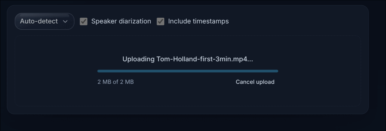 The AI Audio Transcription upload panel with Auto-detect, Speaker diarization and Include timestamps selected, uploading Tom-Holland-first-3min.mp4 with a progress bar reading 2 MB of 2 MB and a Cancel upload link