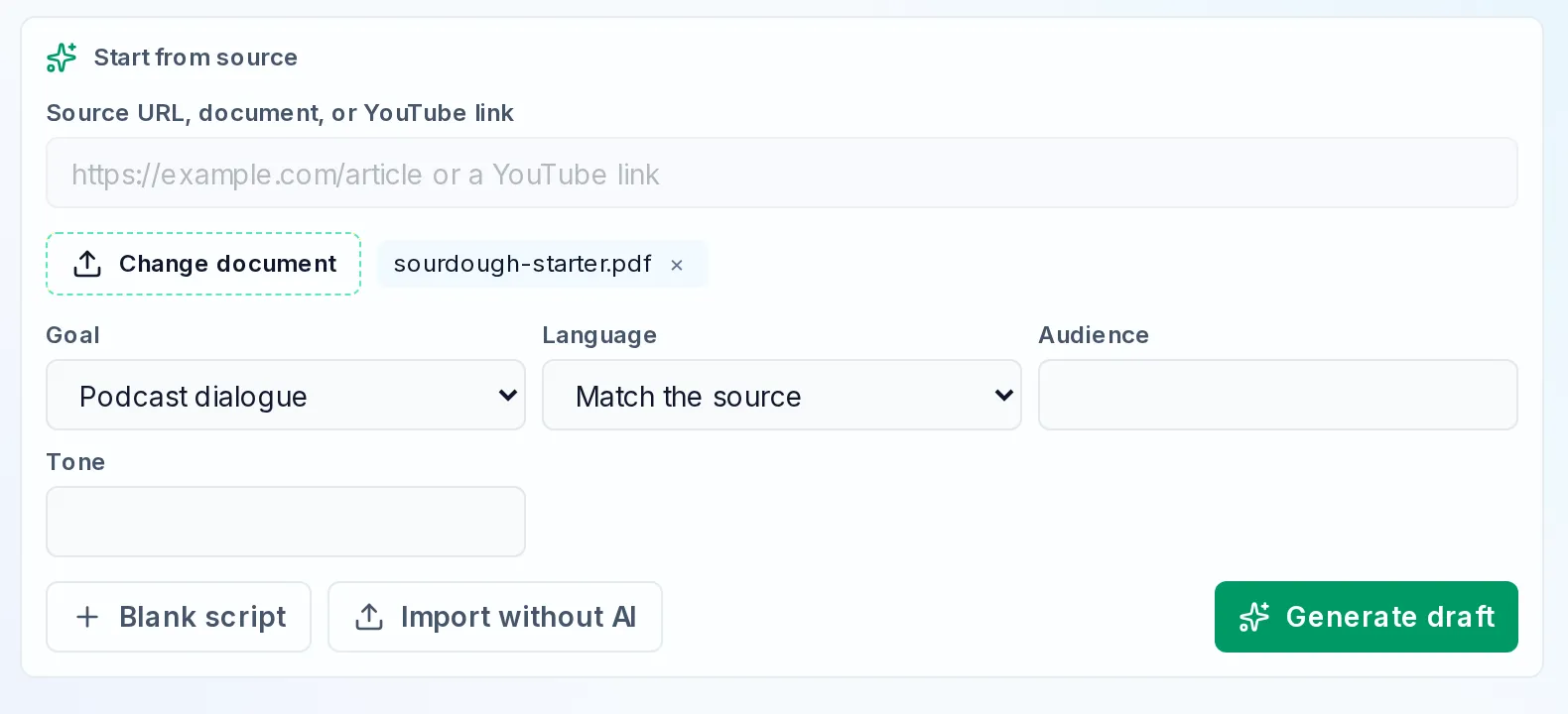 The Narration Studio Start from source panel with sourdough-starter.pdf attached, the Goal field set to Podcast dialogue, Language set to Match the source, empty Audience and Tone fields, and the Generate draft button