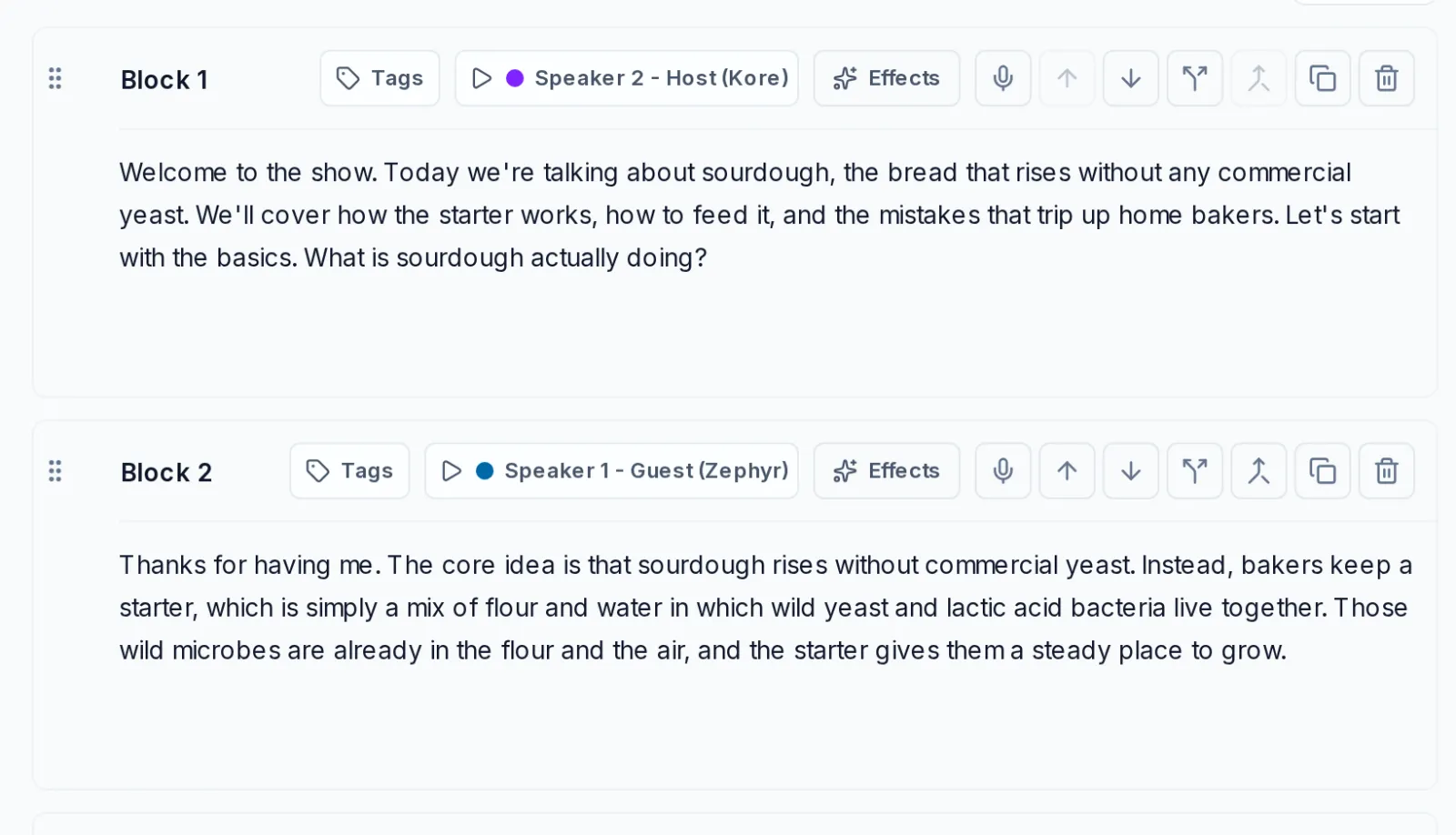 Blocks 1 and 2 of the script: Block 1 assigned to Speaker 2 - Host (Kore) welcoming listeners to a show about sourdough, Block 2 assigned to Speaker 1 - Guest (Zephyr) explaining that a starter is a mix of flour and water with wild yeast and lactic acid bacteria
