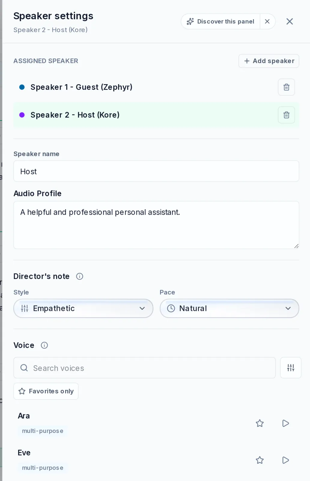 The Speaker settings panel for Speaker 2 - Host (Kore), listing both assigned speakers, a Speaker name field, Audio Profile, Director's note Style and Pace dropdowns, and a searchable Voice list