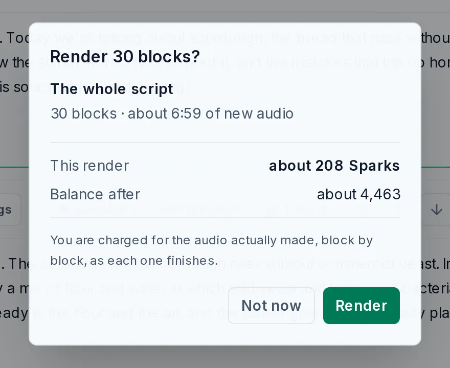 The Render 30 blocks? card: The whole script, 30 blocks, about 6:59 of new audio, This render about 208 Sparks, Balance after about 4,463, with Not now and Render buttons