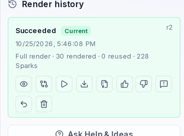 The Render history entry: Succeeded, Current, r2, Full render, 30 rendered, 0 reused, 228 Sparks, with icon buttons including play and Download render