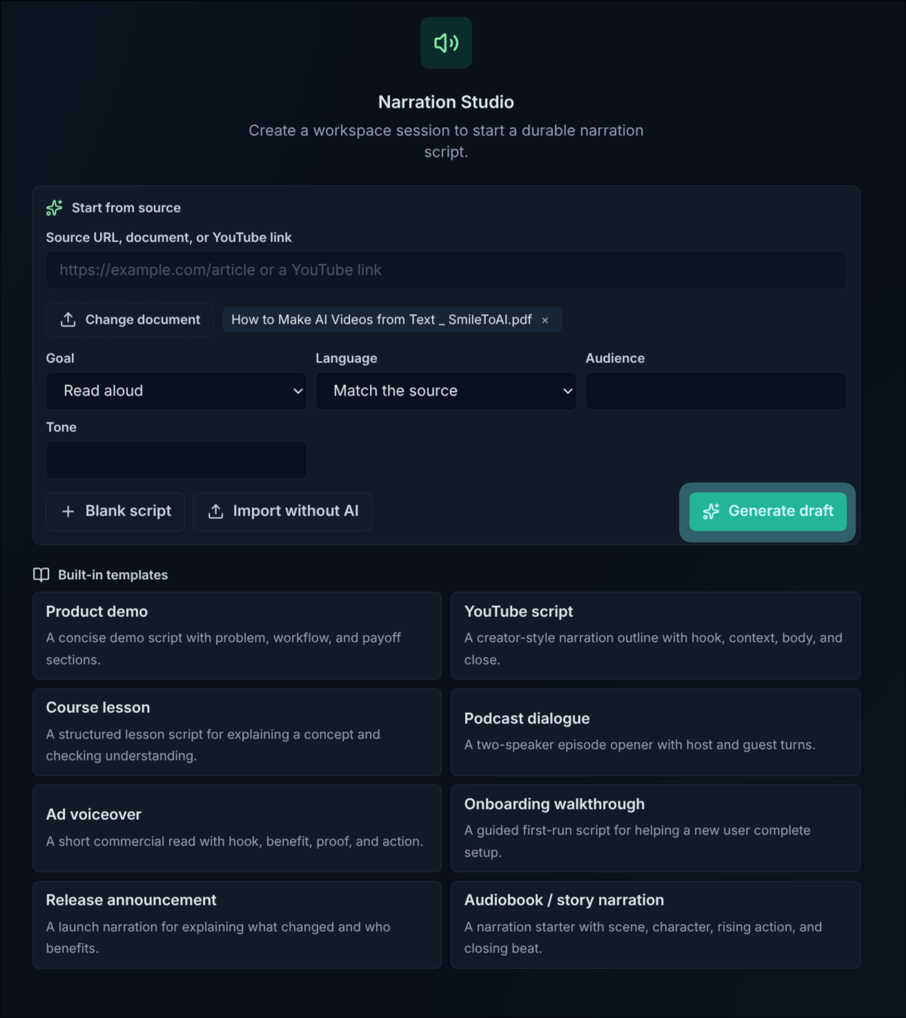 The Start from source panel with the PDF attached, the Goal set to Read aloud, the Language set to Match the source, and the Generate draft button highlighted