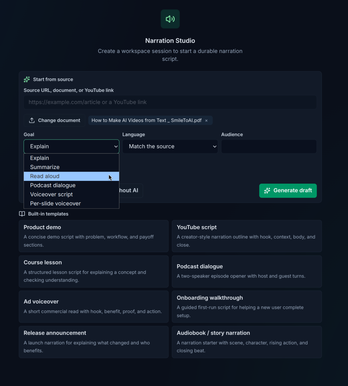 The Goal dropdown open under an attached file named How to Make AI Videos from Text _ SmileToAI.pdf, listing Explain, Summarize, Read aloud, Podcast dialogue, Voiceover script and Per-slide voiceover, with Read aloud highlighted