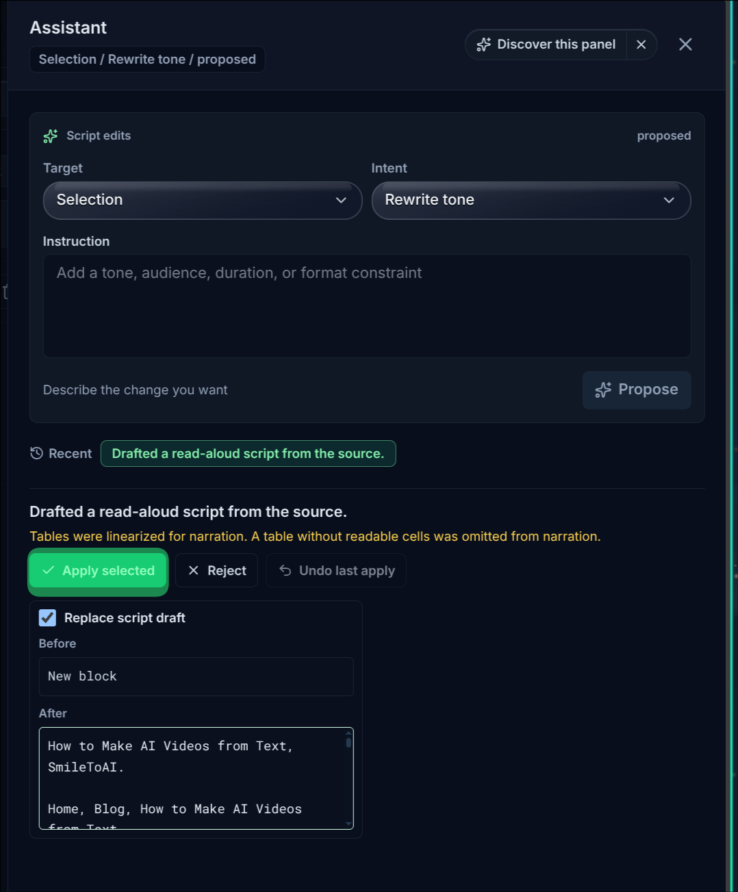 The Assistant panel showing the proposal: the heading Drafted a read-aloud script from the source, a yellow warning that tables were linearized for narration and a table without readable cells was omitted, the Apply selected, Reject and Undo last apply buttons, and a Replace script draft card with Before and After text