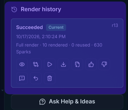Close-up of the Render history card: Succeeded, Current, dated 10/17/2026, labelled Full render, 10 rendered, 0 reused, 630 Sparks, with a row of icon buttons underneath