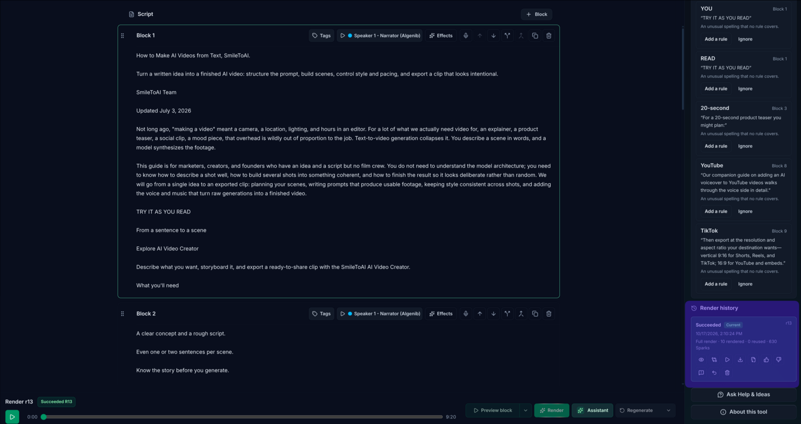 The Narration Studio editor after a successful render: script blocks 1 and 2 using Speaker 1 - Narrator (Algenib), pronunciation suggestions down the right side, a Render history card, and a player bar at the bottom showing Render r13 and a length of 9:20