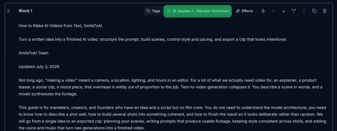Script block 1 after cleanup. It now starts with the title, the summary, SmileToAI Team and Updated July 3, 2026, followed by the article paragraphs