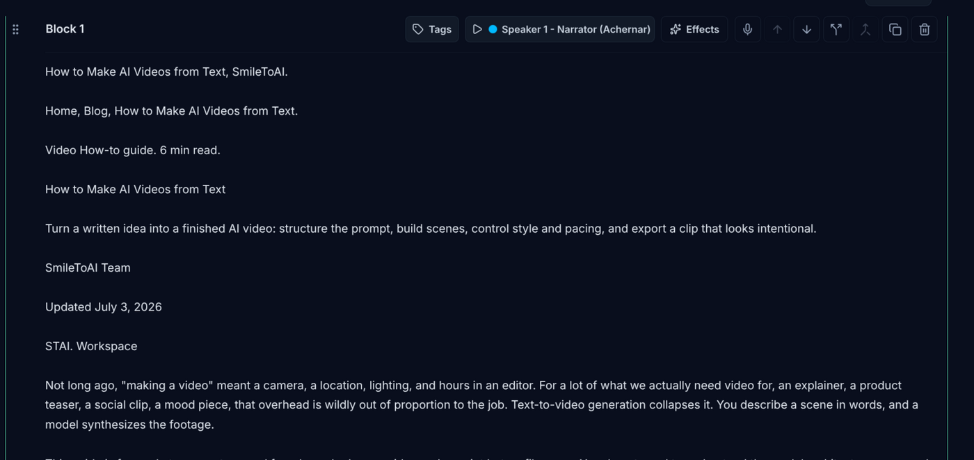Script block 1 right after applying the draft. Below the title it reads Home, Blog, How to Make AI Videos from Text, then Video How-to guide. 6 min read, then the title again, the summary, SmileToAI Team, Updated July 3, 2026, STAI. Workspace, and the first paragraphs of the article