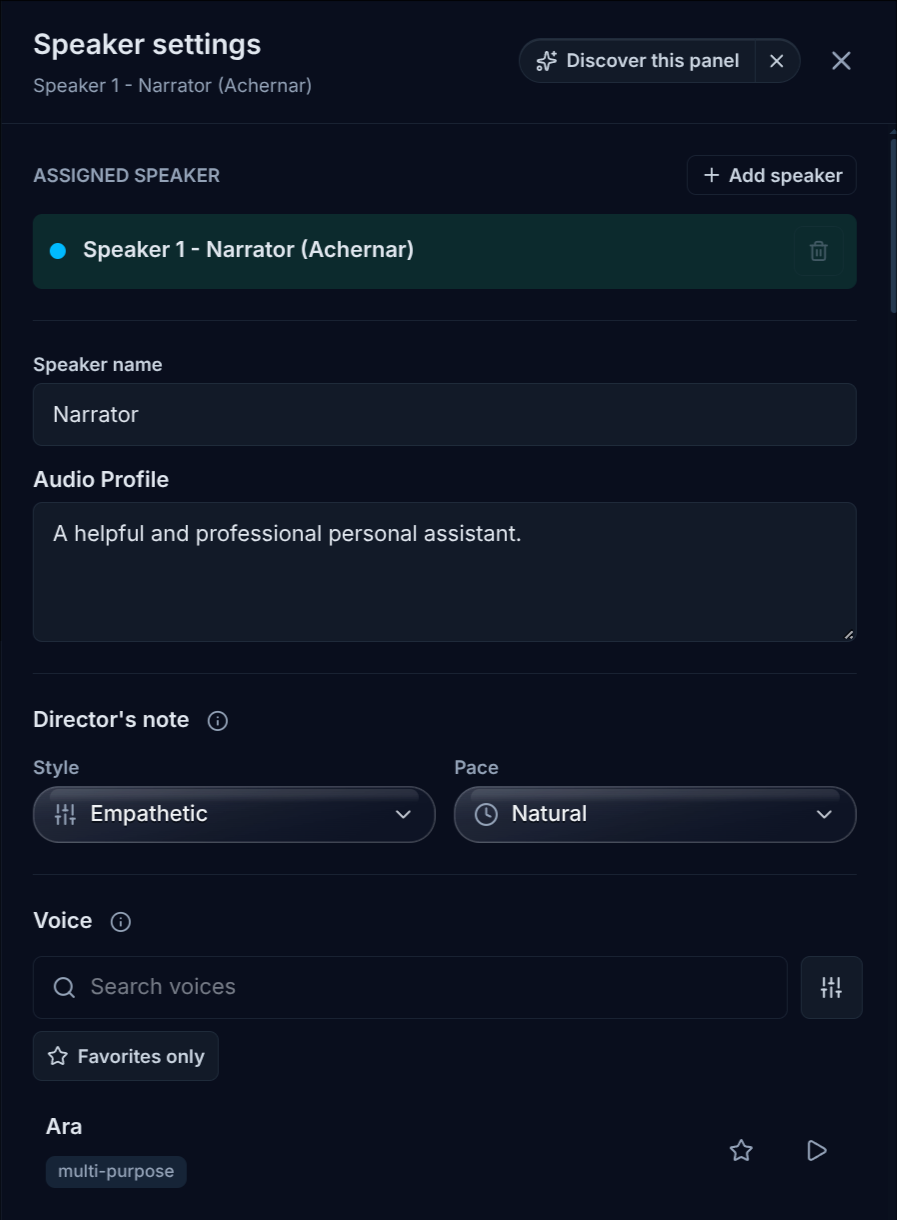 Speaker settings for Speaker 1 - Narrator: the speaker name, an Audio Profile text box, a Director's note section with Style set to Empathetic and Pace set to Natural, and a searchable voice list with a star and a play button on each voice