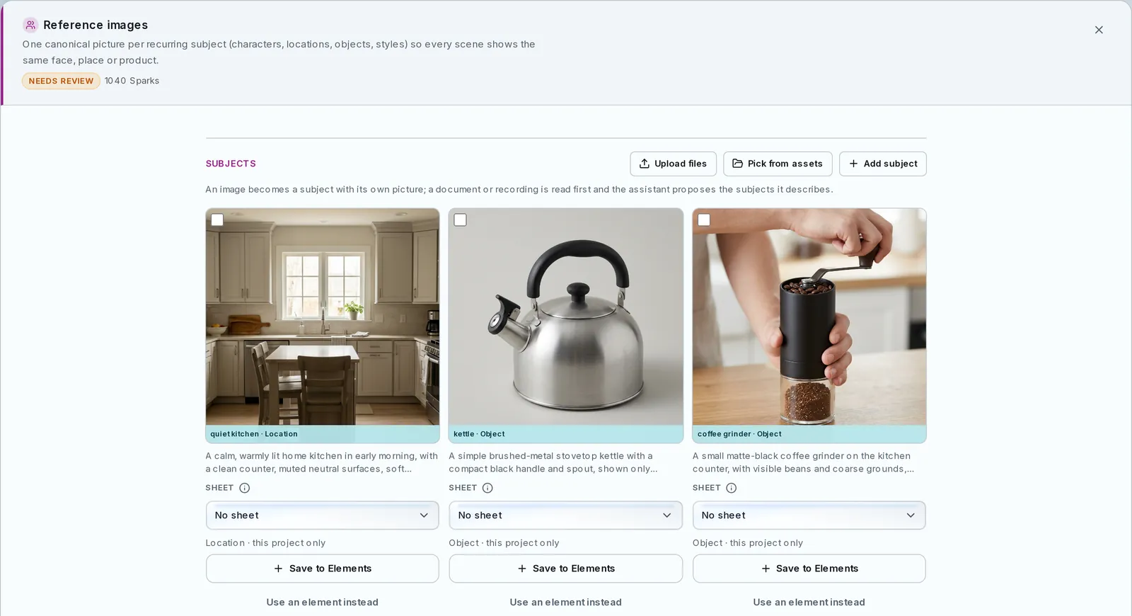 The Reference images stage with generated pictures of the kitchen, the kettle and the coffee grinder, each labelled as a location or object