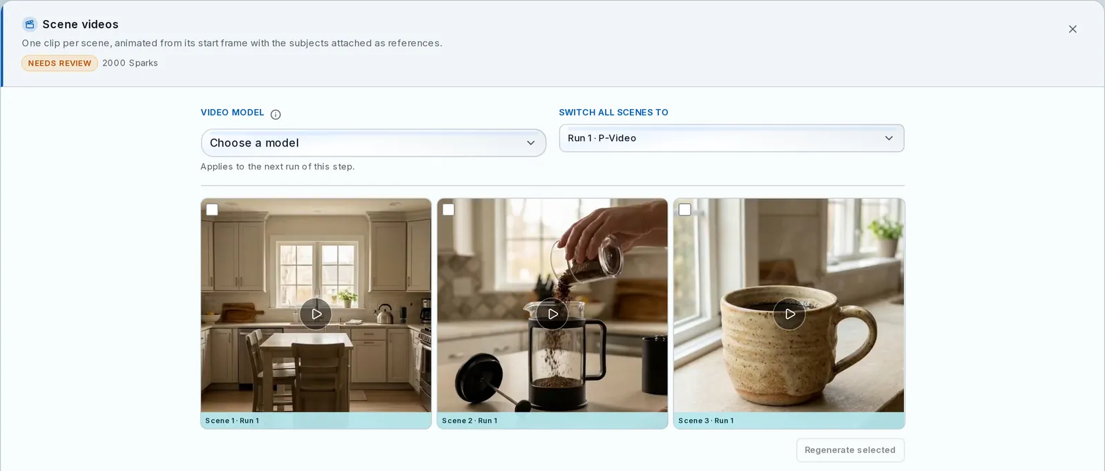 The Scene videos stage with three P-Video clips: the kitchen, hands pouring ground coffee into a French press, and a ceramic cup by a window