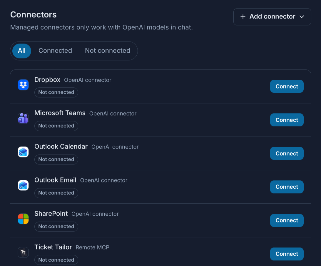 The Connectors page in SmileToAI Settings, with an Add connector button and a list of connectors such as Dropbox, Microsoft Teams and Outlook, each marked Not connected with a Connect button