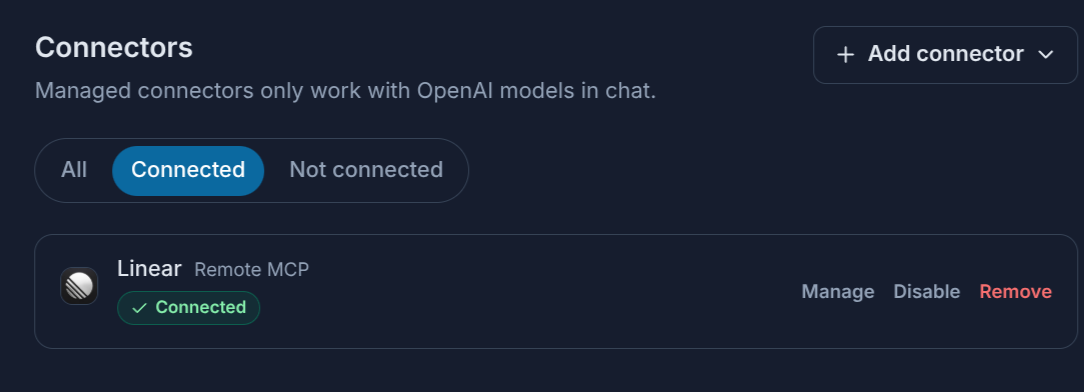 The Connected tab of SmileToAI's Connectors settings, showing Linear as a Remote MCP connector with a Connected badge and Manage, Disable and Remove actions