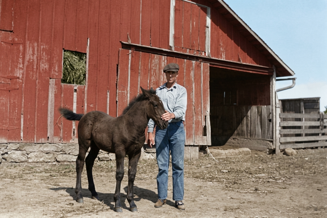 The farm photo after colorization: a red barn, a light blue shirt, blue jeans, a dark brown foal and a pale blue sky